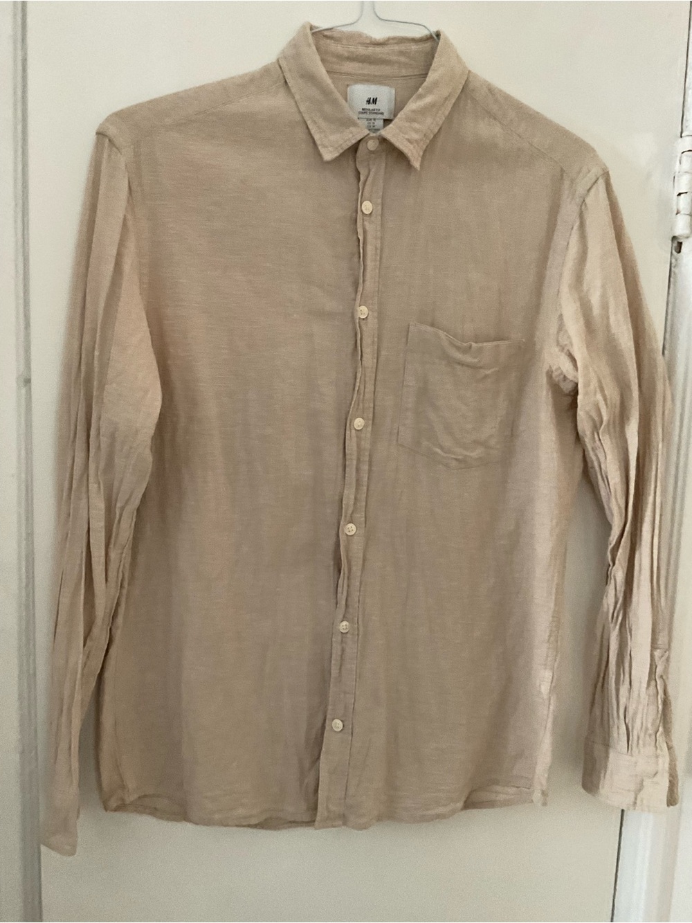 H&M Men's Light Beige Long-Sleeve Button-Down Cotton Shirt